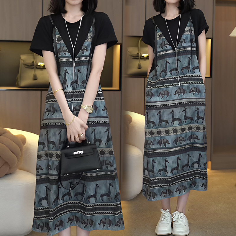 韩版松弛感民族风假两件连衣裙女夏季2025民族风刺绣宽松连衣裙