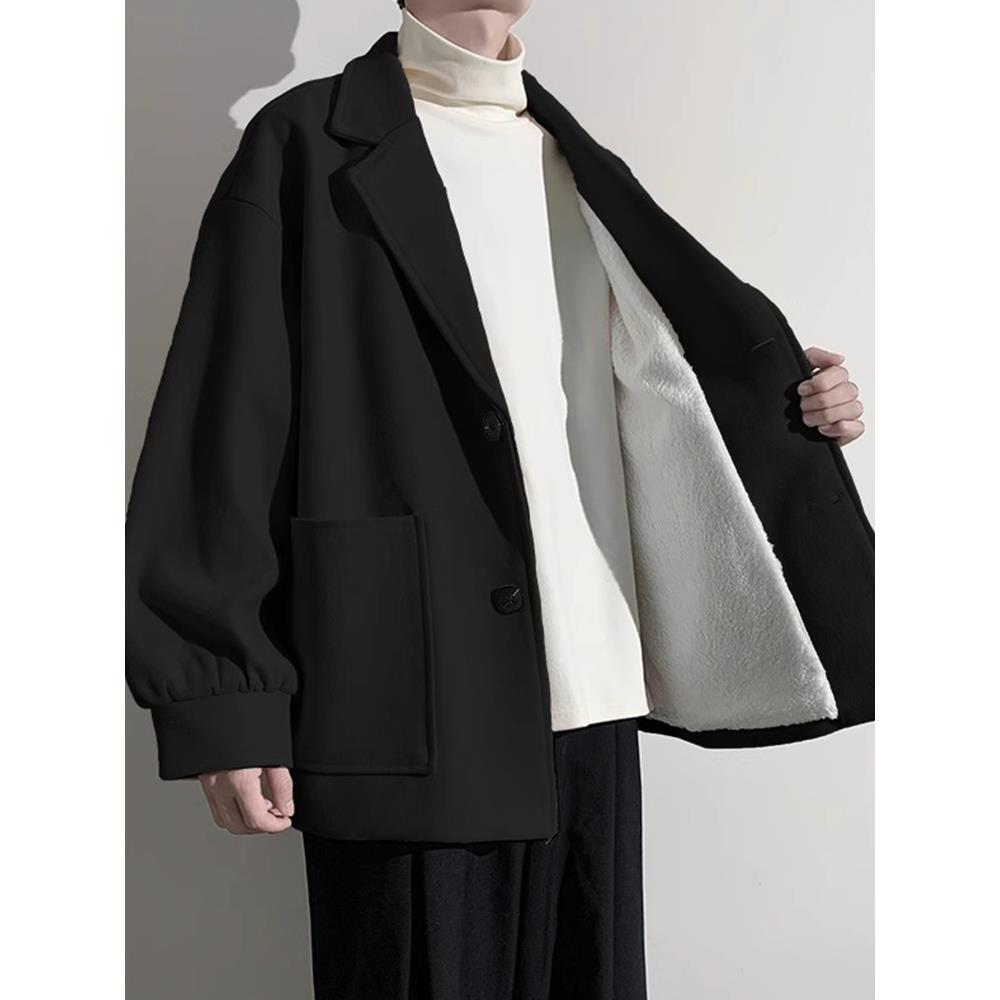 HKYC高级毛呢大衣男休闲外套春秋季短款呢子夹克英伦排扣西装