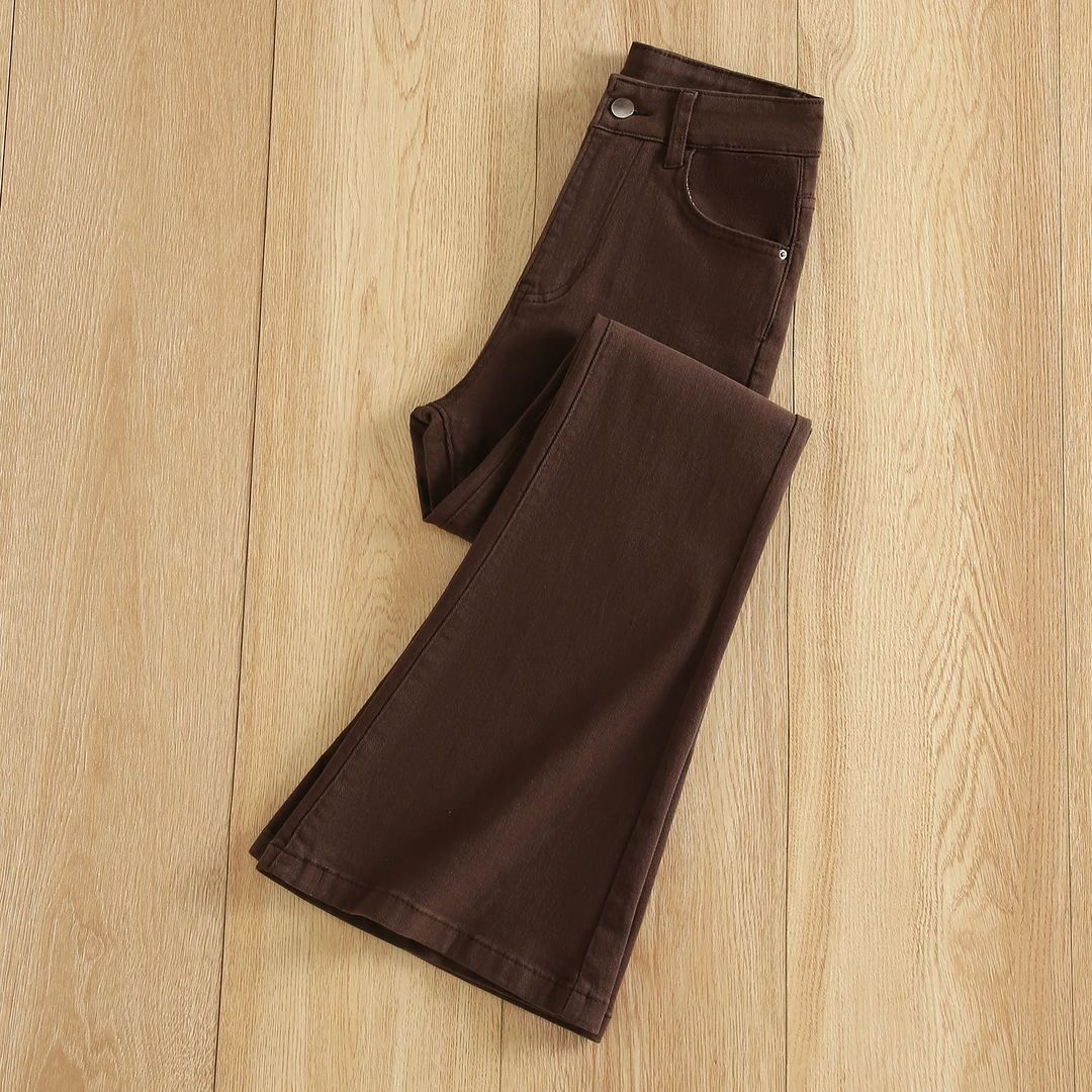 雪千羽咖啡色微喇牛仔裤女2025秋冬季高腰加绒加厚弹力拖地喇叭裤
