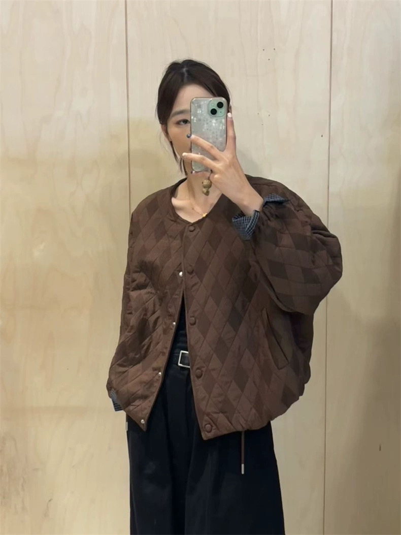 格子拼接袖口菱形格棉衣短外套女2025秋季新款宽松显瘦棒球服夹克