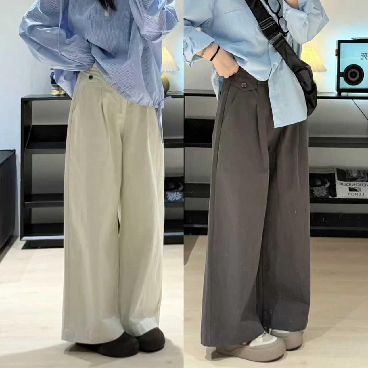 米杏色日系休闲裤女秋胖mm大码宽松显瘦直筒梨型宽胯休闲阔腿裤