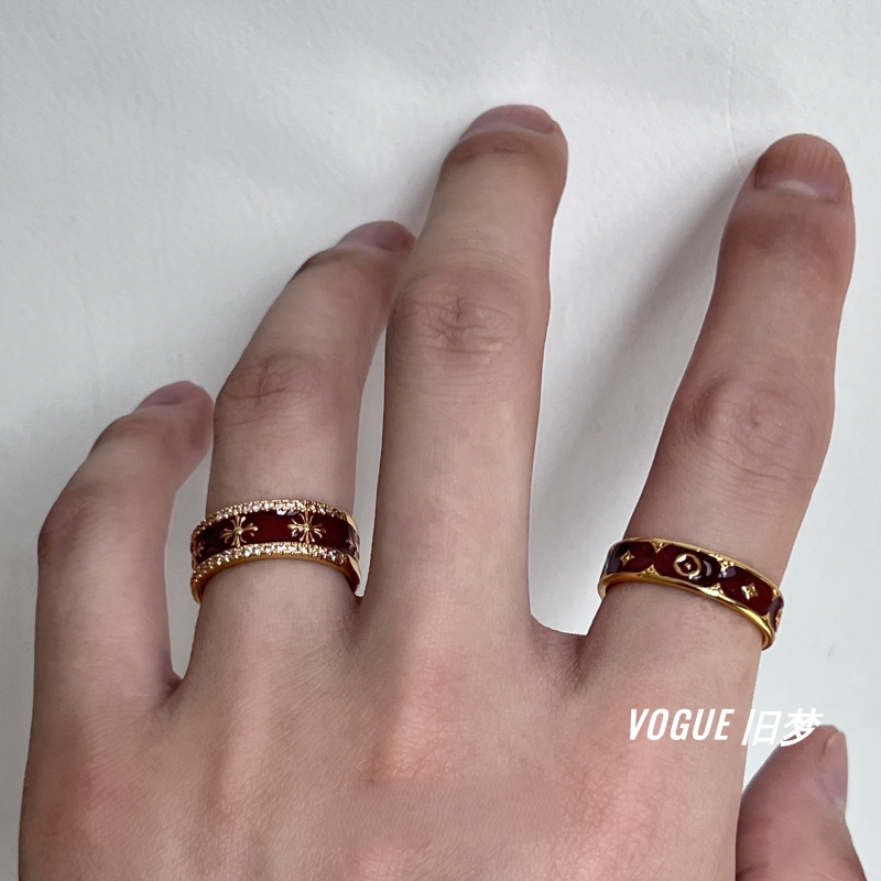 合金戒指 克罗老花酒红金色复古开口戒指小众设计轻奢指环双11ins