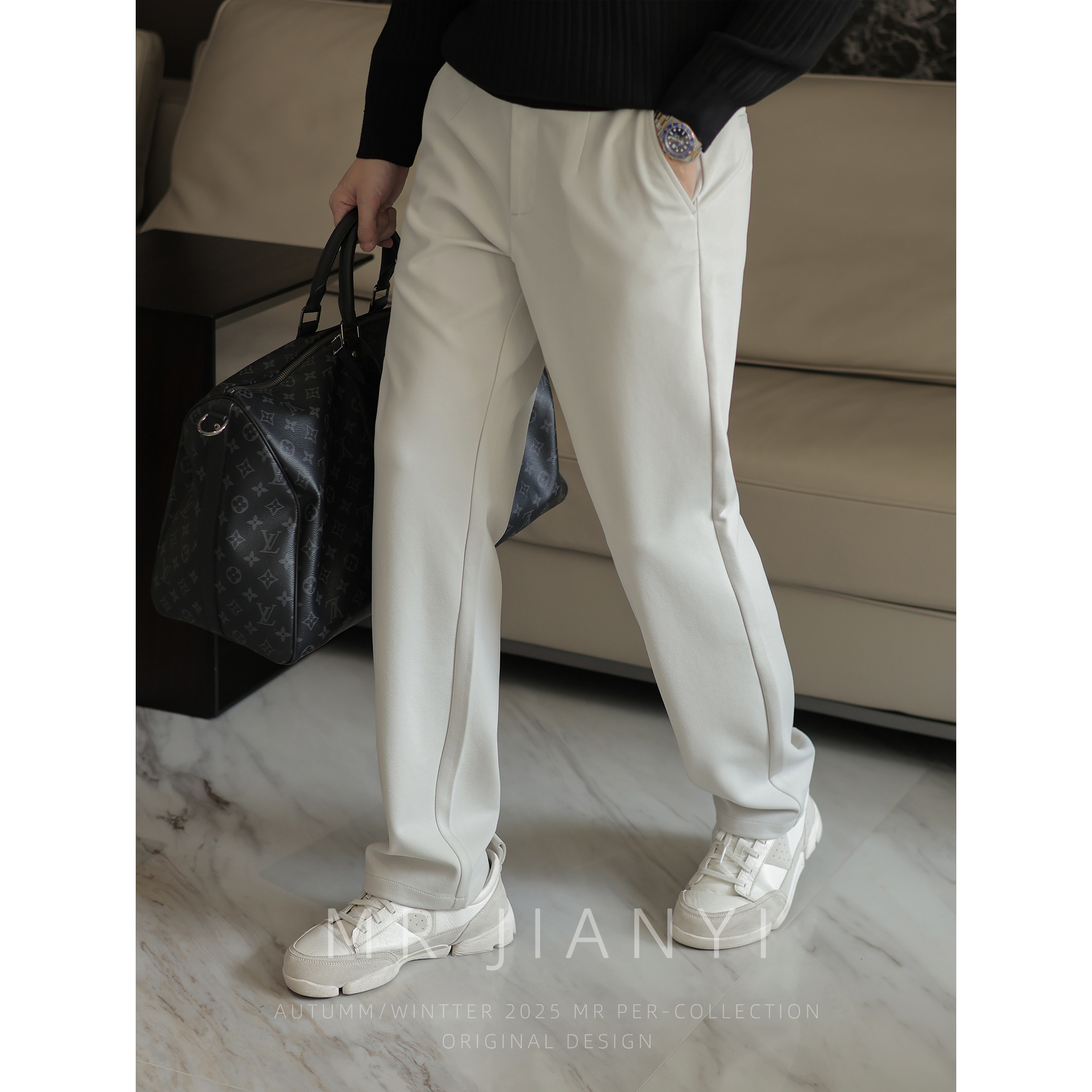 MR JIANYI 秋季360克高密针织小直筒长裤高档商务休闲百搭西裤男