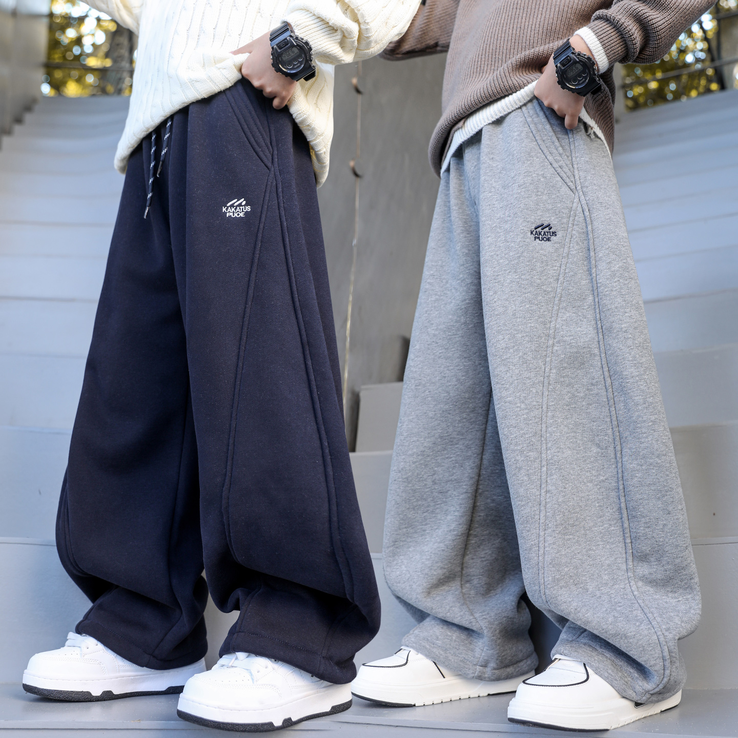 儿童运动卫裤加绒男童裤子大童阔腿宽松厚冬装季休闲胖孩帅气一体