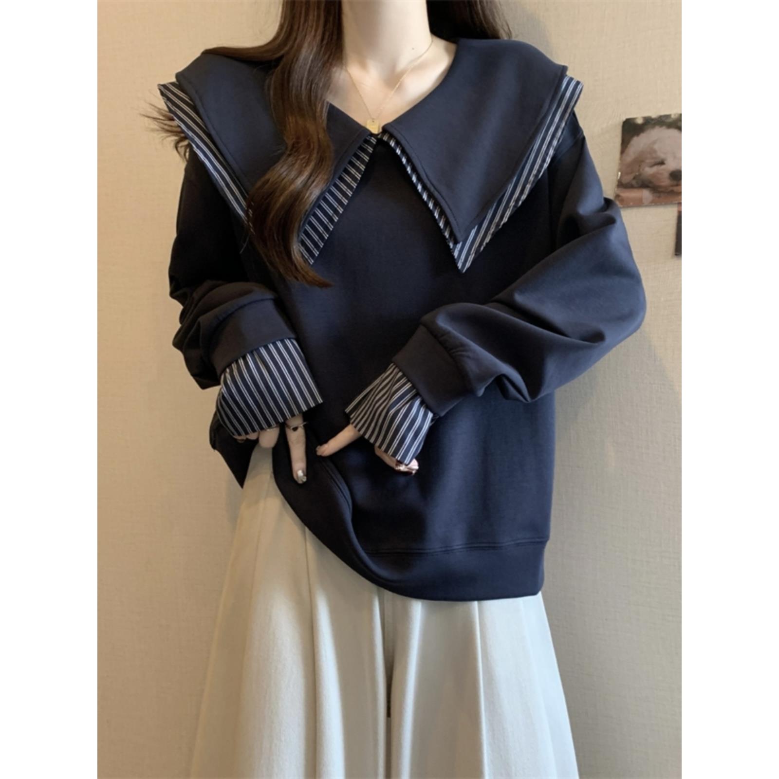 学院风娃娃领卫衣女春秋新款大码胖mm时尚洋气假两件上衣欧货小衫