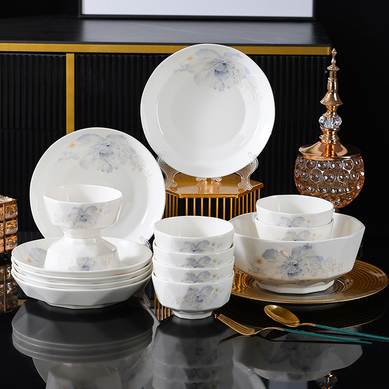 【不含礼盒】倾城牡丹15件套装家用送礼高温陶瓷碗盘餐具可进微波炉