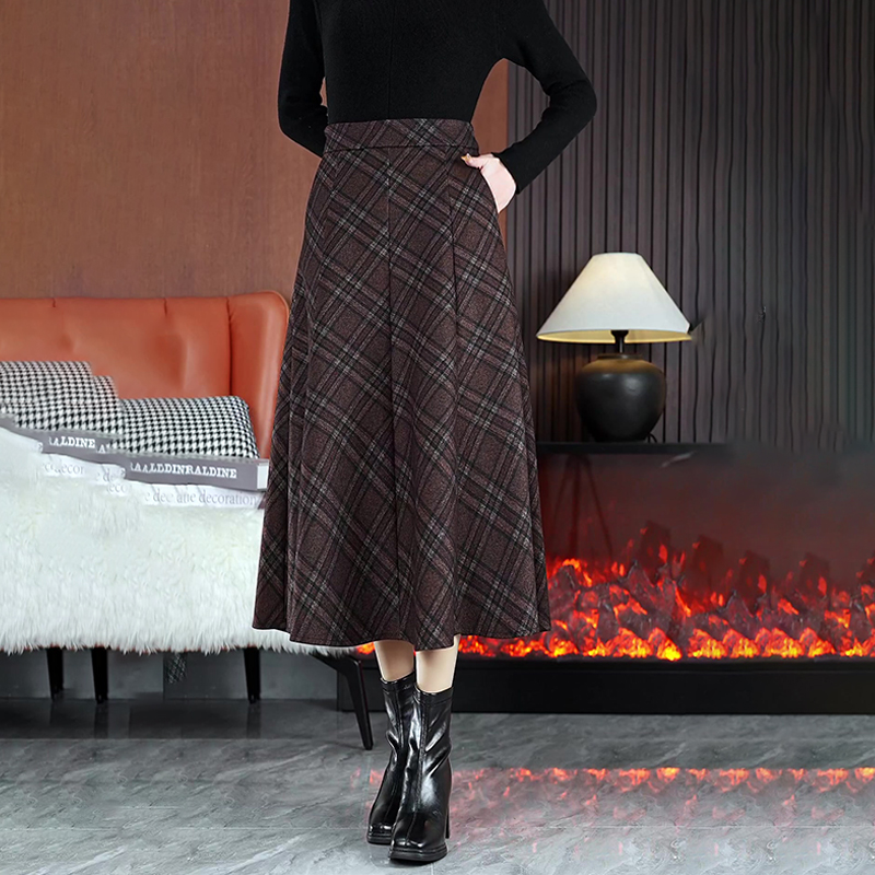 毛呢格纹半身裙女秋冬中长款高腰遮胯显瘦大摆复古气质格子a字裙