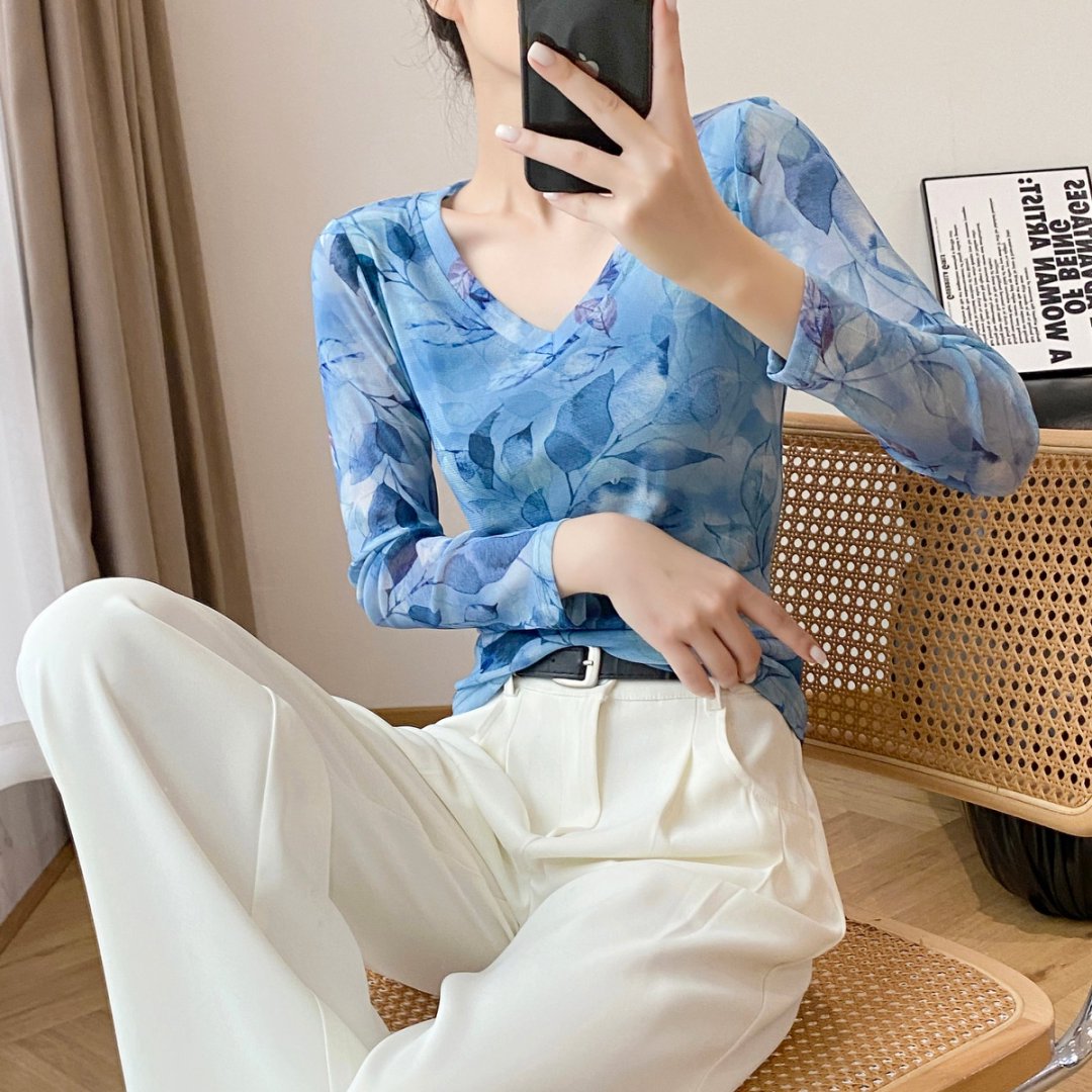 正版网纱上衣女内搭可外穿纱衣打底衫春秋季气质长袖t恤洋气衣服