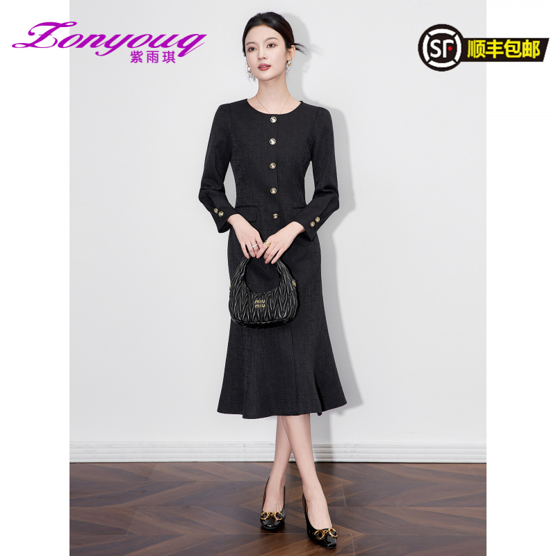 紫雨琪优雅鱼尾摆气质小香风名媛收腰长袖连衣轻奢修身显瘦时尚