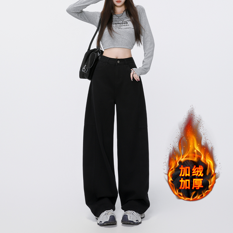 黑色高级弯刀牛仔裤女冬季2025新款高腰宽松显瘦加绒阔腿直筒裤子