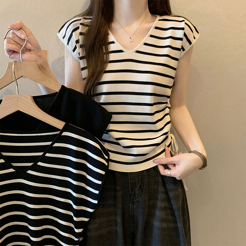 大码女装遮肚子条纹无袖t恤女夏季微胖显瘦上衣设计抽绳V领针织衫