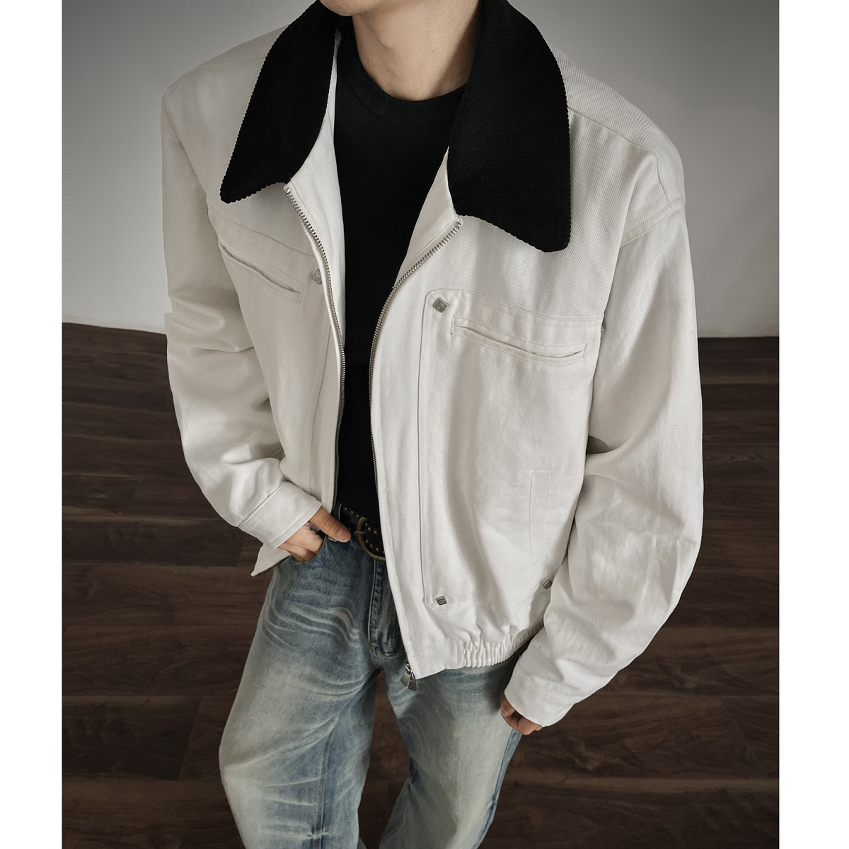 美式复古底特律工装夹克男灯芯绒翻领拼接巴恩风外套情侣短款夹克