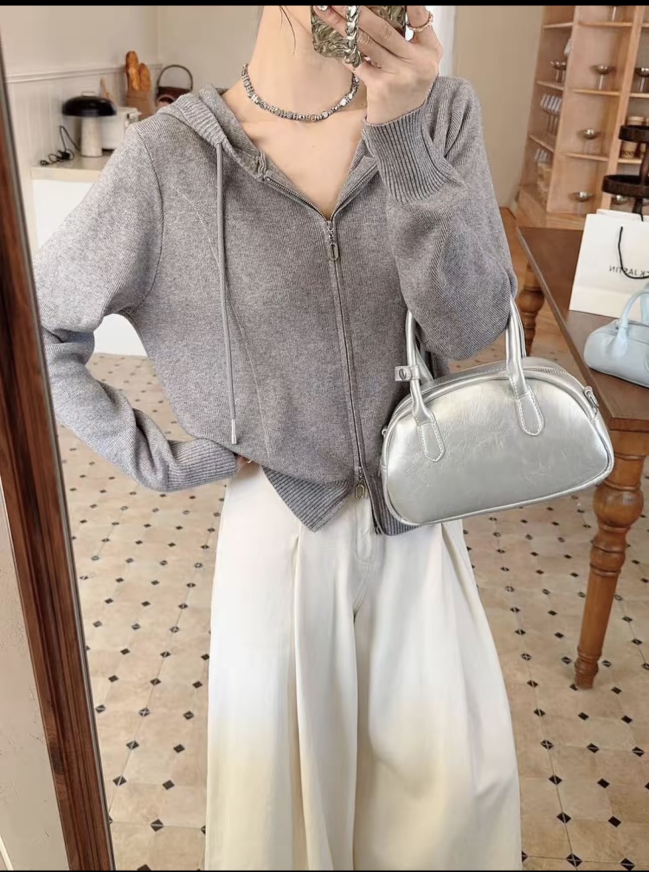 连帽双拉链软糯长袖针织开衫外套秋季时尚气质帽衫休闲上衣#2534