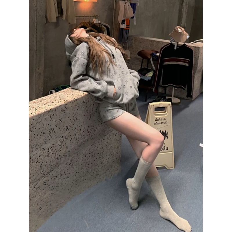 美式复古连帽运动卫衣睡衣女款秋季新款辣妹短裤家居服套装可外穿