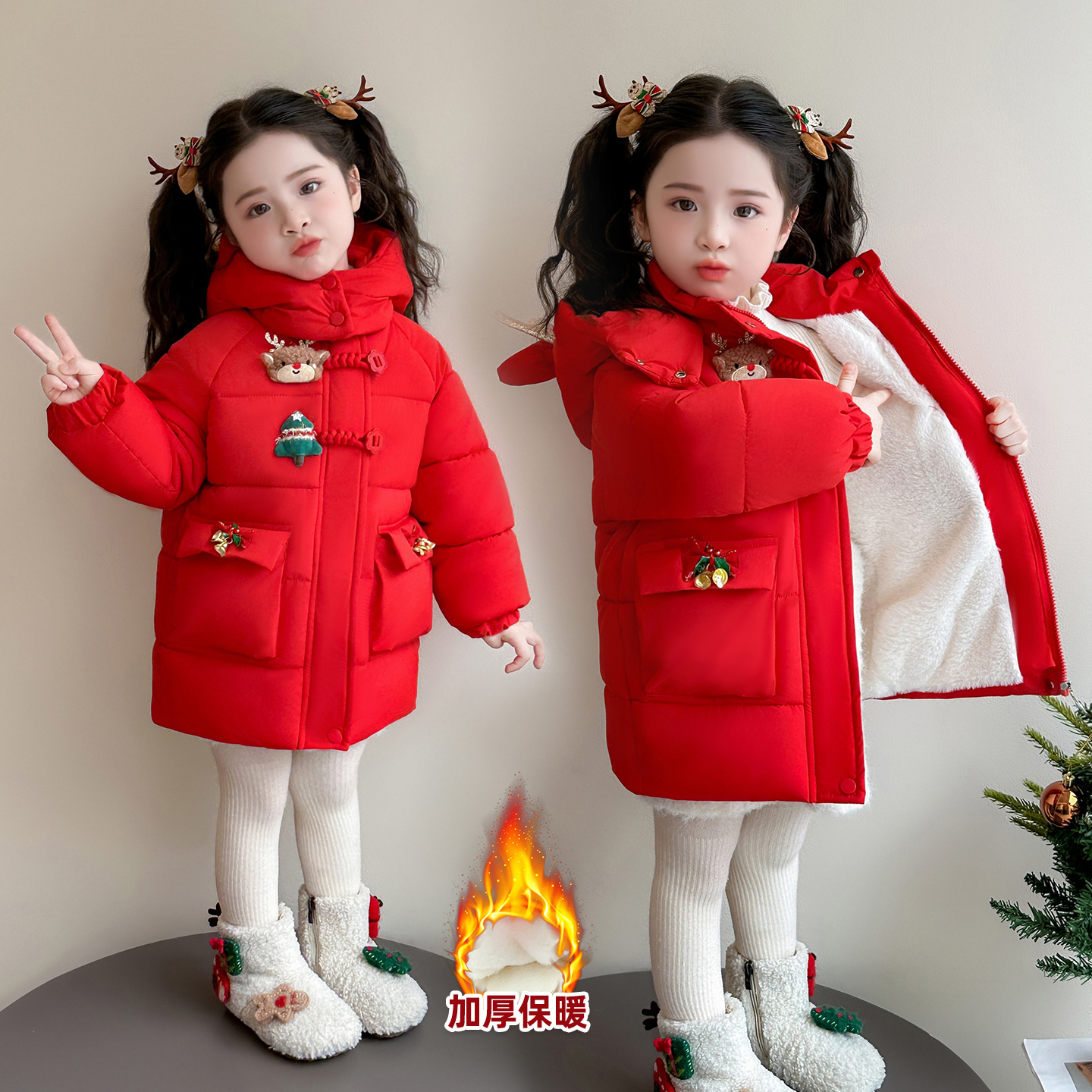 女童棉服外套2025新款红色拜年服棉袄儿童女宝宝冬季加绒过年棉衣