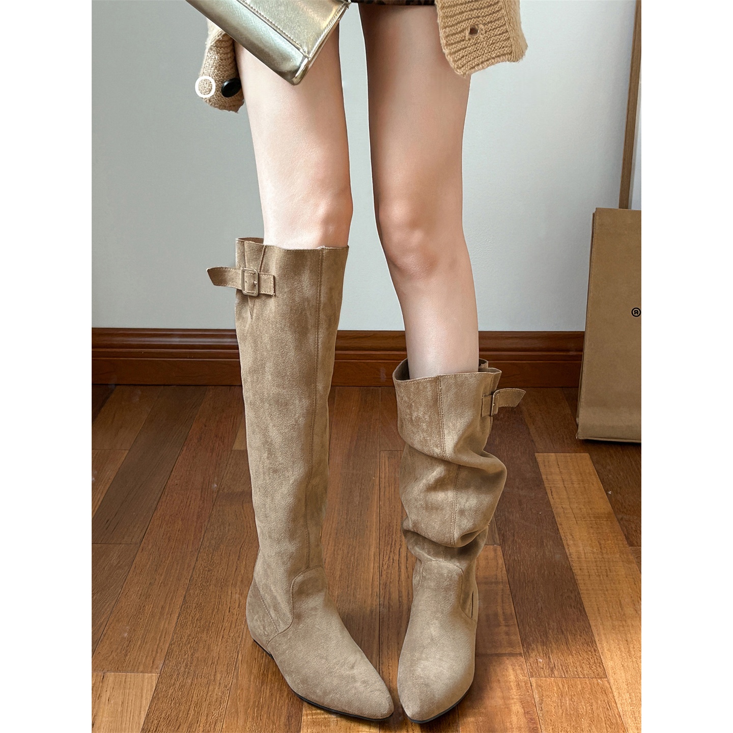 2025新款超火绝美长靴不过膝绒面尖头骑士靴女秋季薄款显瘦堆堆靴