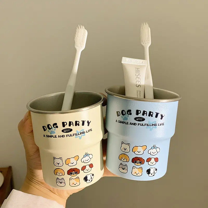 304不锈钢阶梯卡通小狗家族洗漱杯简约家用高颜值情侣漱口杯