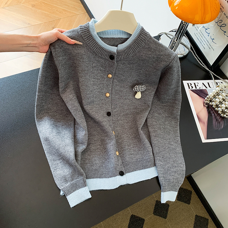 自留款推荐~韩系假两件撞色针织开衫女秋季新款慵懒百搭毛衣外套