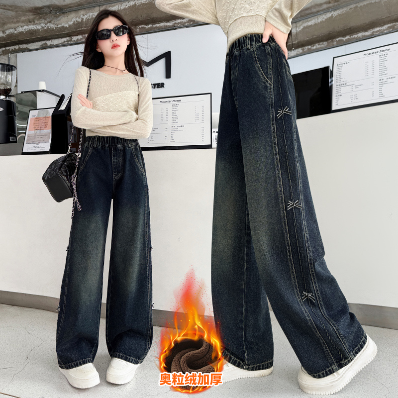 女童加绒牛仔裤秋冬新款洋气儿童裤子加厚一体绒直筒中大童阔腿裤