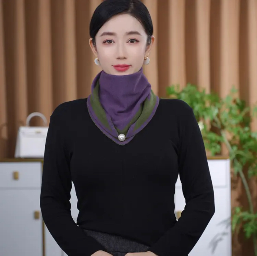 2025秋冬女士针织磁扣三角巾多功能双色百搭针织保暖护颈洋气围巾