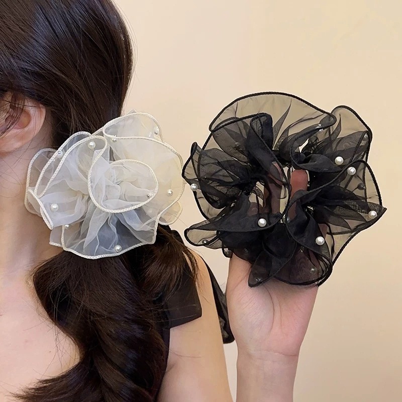 超仙欧根纱仿珍珠大肠发圈女高级感纯欲氛围感扎发绳丸子头绳发饰