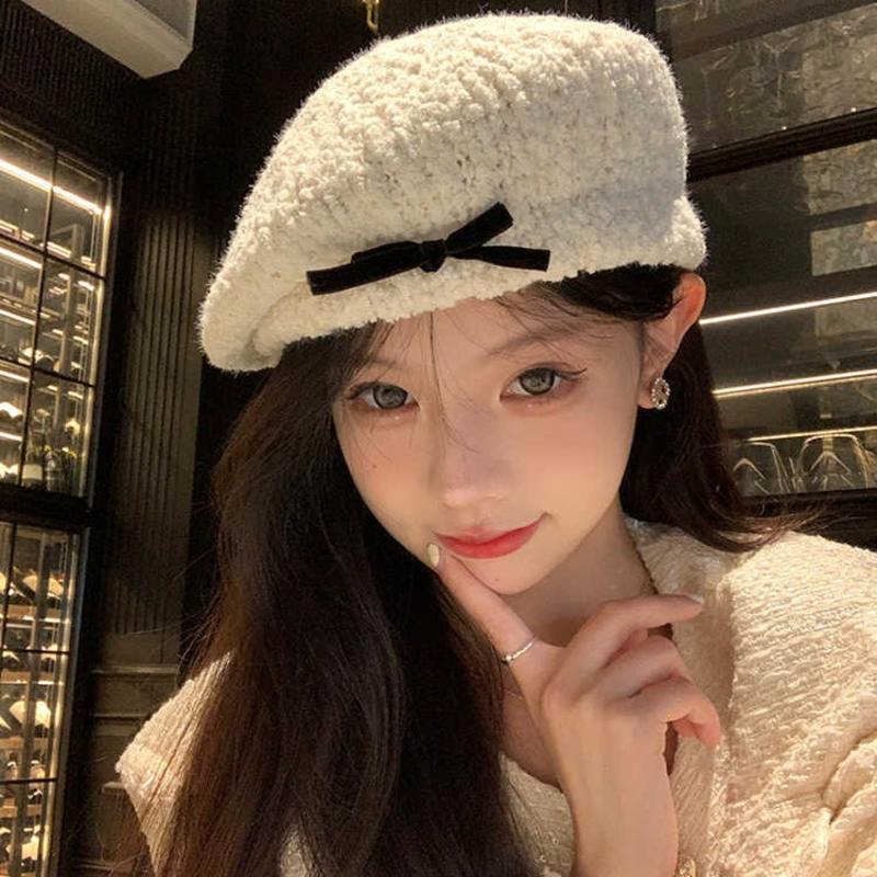 帽子女日系小众蝴蝶结毛绒贝雷帽女秋冬季新款可爱甜色画家帽