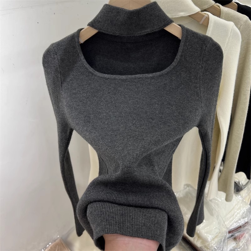 设计感镂空挂脖长袖针织衫女毛衣2025秋冬新款洋气内搭打底衫上衣