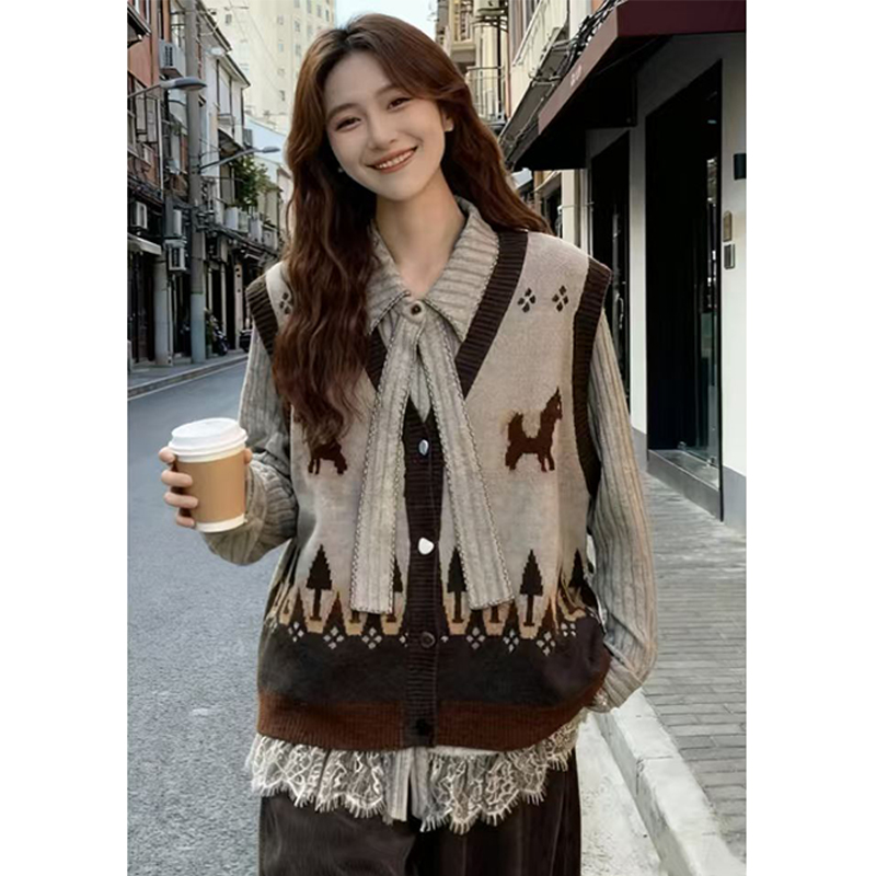 卡通图案刺绣针织马甲背心女秋冬洋气减龄巨好看显瘦叠穿外搭上衣