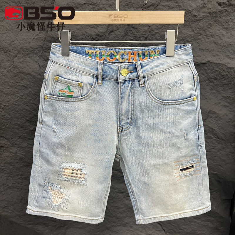 小魔怪夏季薄款破洞牛仔短裤男款五分裤潮牌宽松刺绣百搭休闲中裤