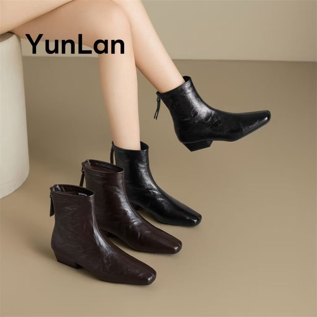 2025冬季新款防滑方头短靴粗跟低跟瘦瘦靴高跟百搭时尚女秋季
