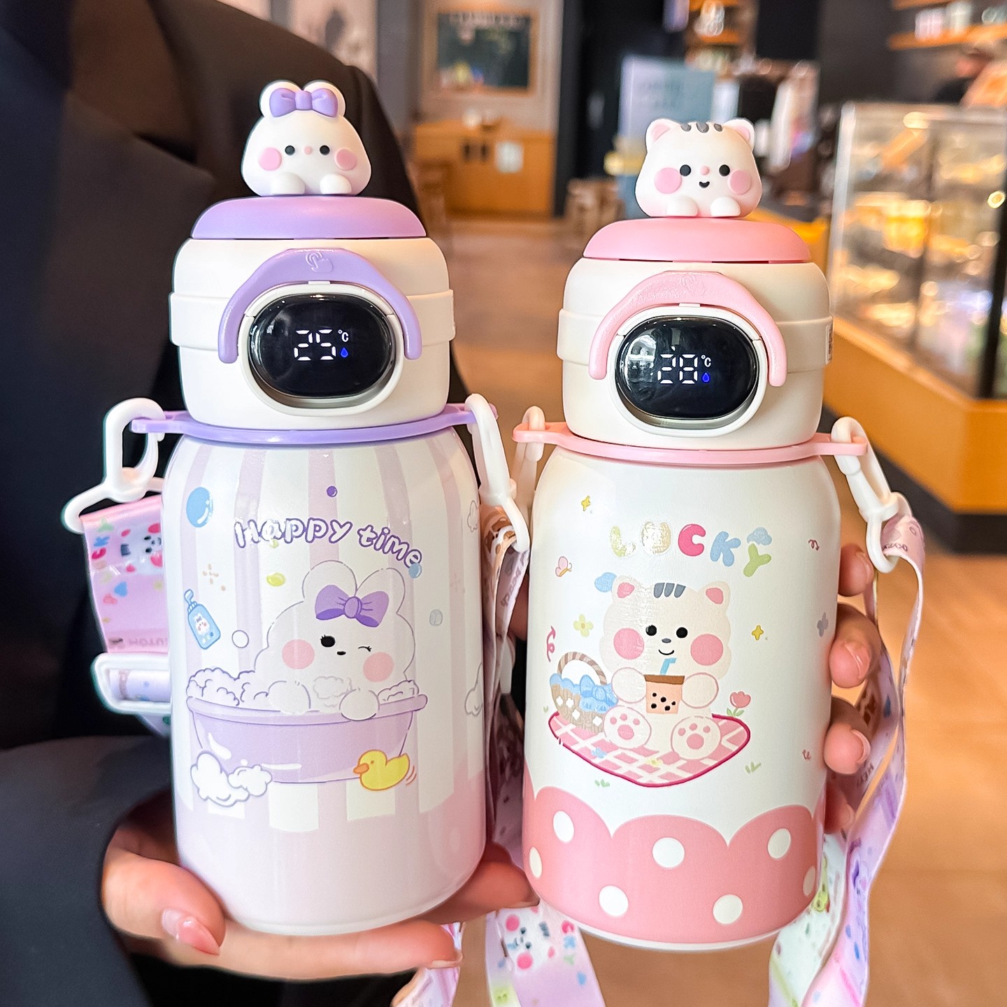 智能显温儿童保温杯男女孩食品级316大容量吸管水杯学生上学专用