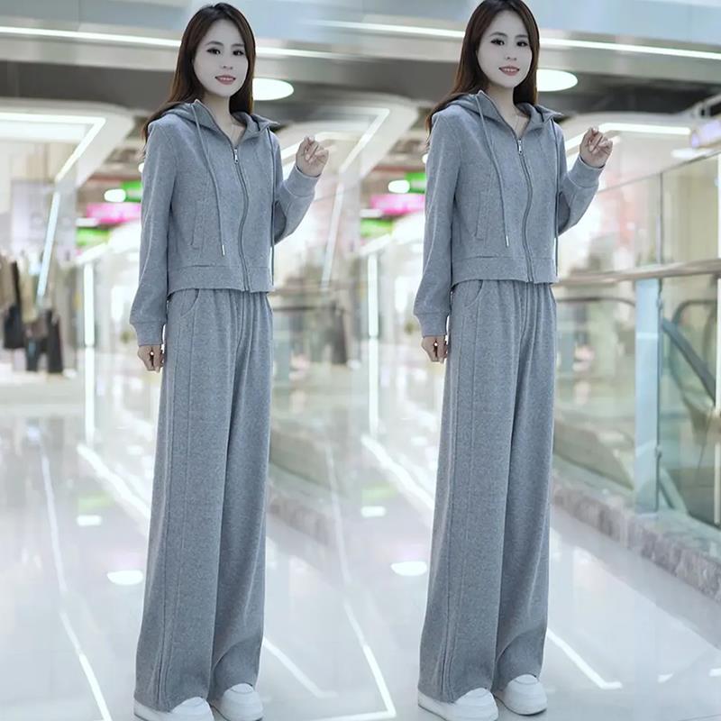 时尚休闲运动套装女春2025年春秋季新款连帽开衫卫衣直筒裤两件套