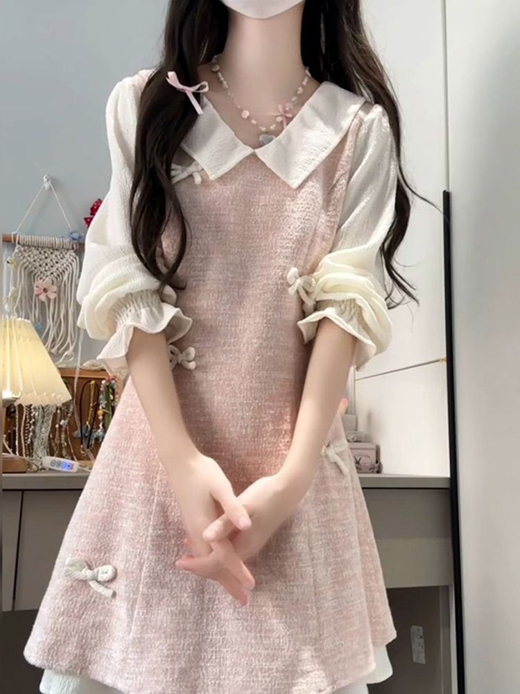 小个子绝美粉色连衣裙子女初秋季2025新爆款假两件miu系穿搭短裙