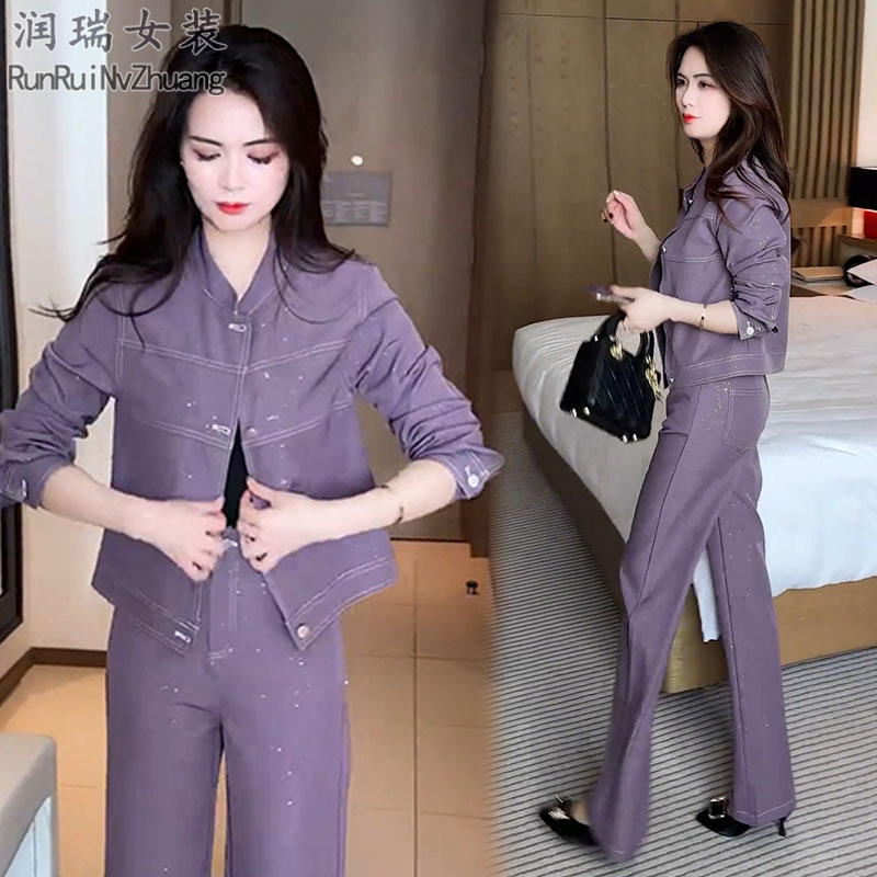 极简风时尚套装女2025秋季新款亮闪闪短外套阔腿裤牛仔两件套通勤