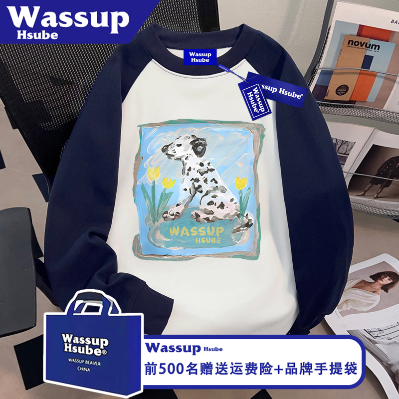 WASSUP HSUBE小狗印花T恤ins秋冬季撞色上衣100%纯棉男女休闲长袖