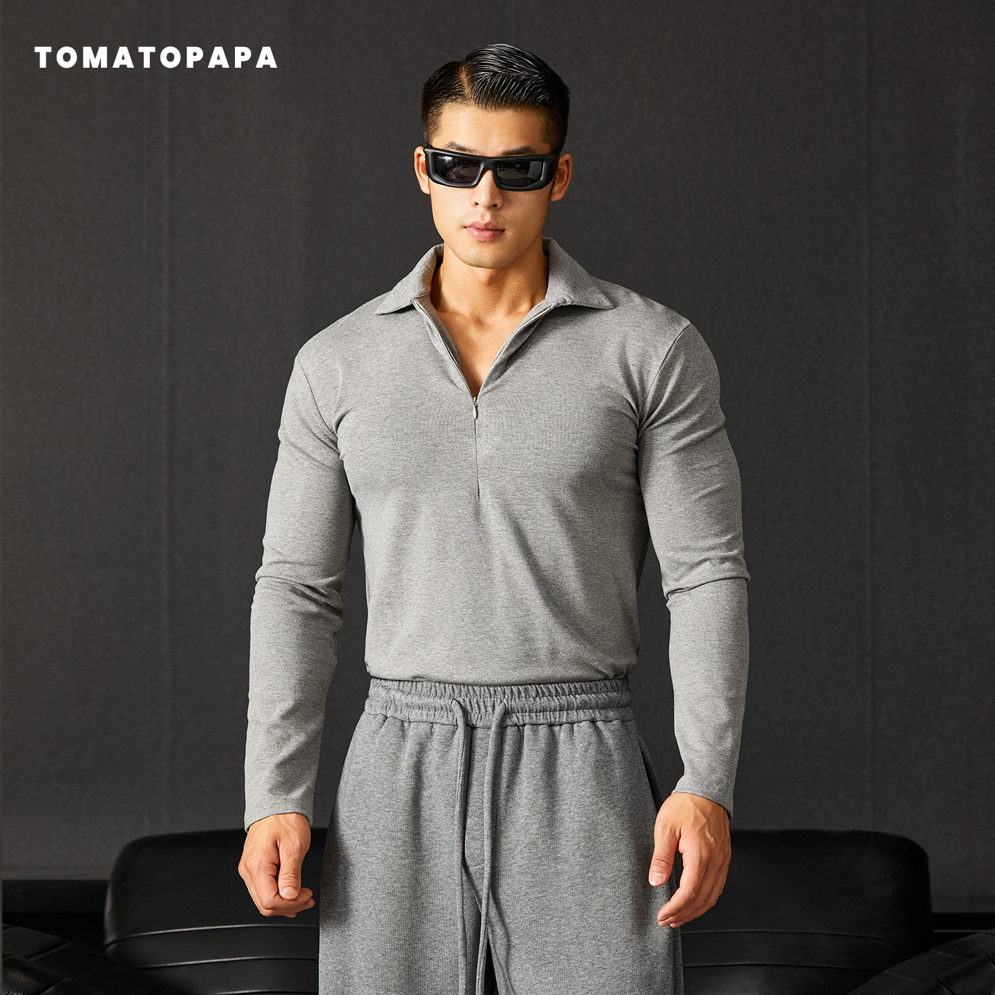 TOMATOPAPA长袖POLO新款2025秋冬翻领拉链美式休闲健身长袖运动T