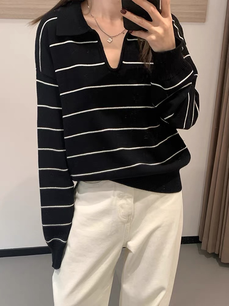 法式复古翻领针织衫女春秋款撞色条纹简约百搭套头上衣