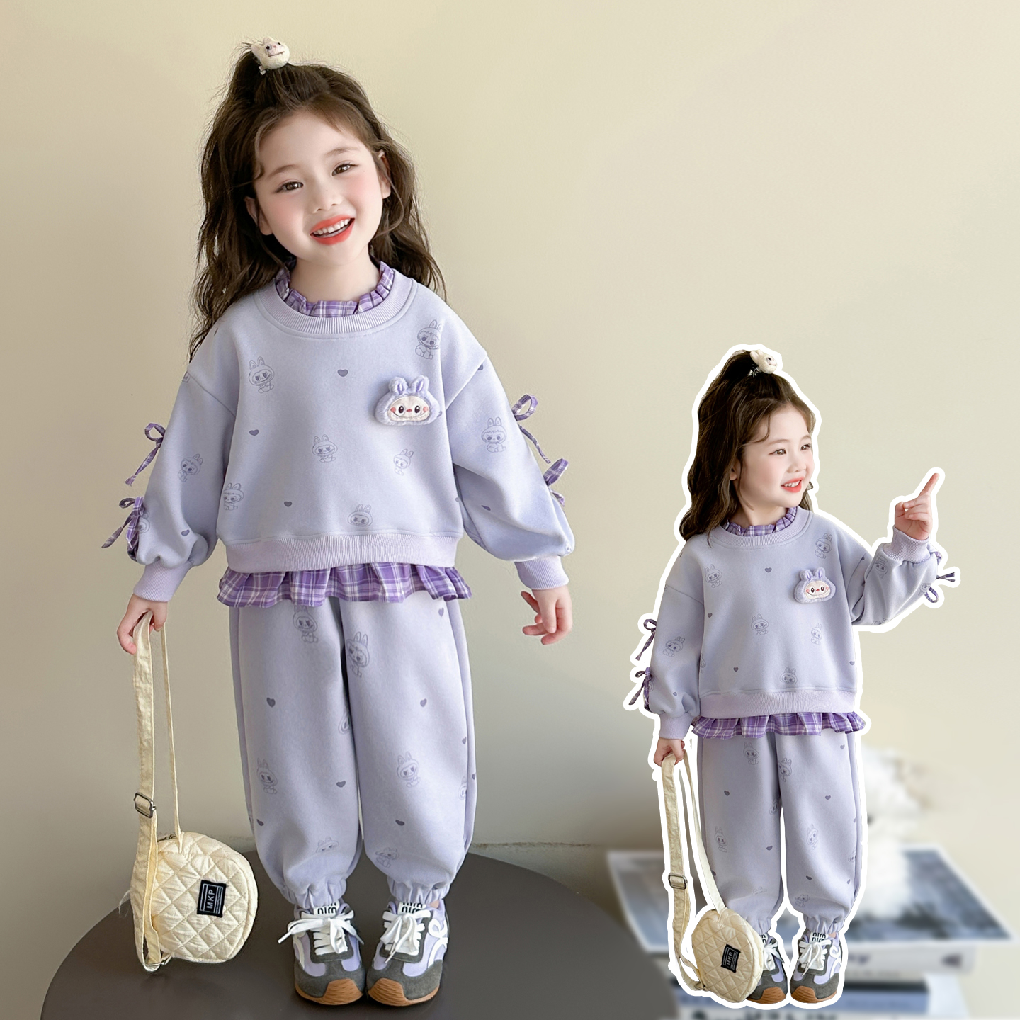 女童卡通蝴蝶结套装洋气儿童春秋季新款女宝宝卫衣裤休闲两件套潮