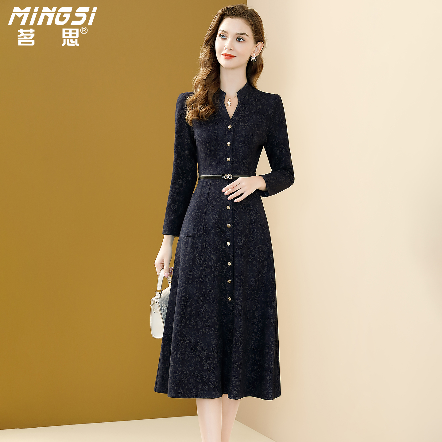 茗思轻奢女装气质印花连衣裙2025秋季新款优雅长袖收腰显瘦裙子