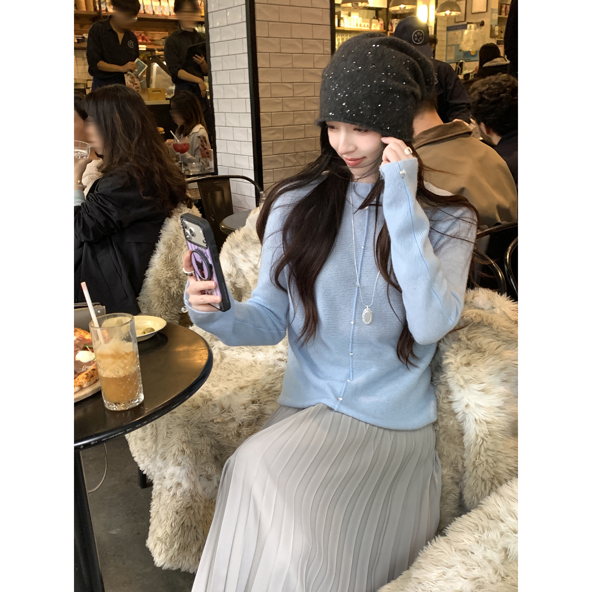 夏诗文 婴驼羊毛莱赛尔天丝云朵感针织衫女秋冬立体骨缝上衣汉服