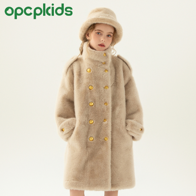 OPCP儿童皮草外套秋冬新款女童仿水貂毛小女孩毛毛大衣中长款