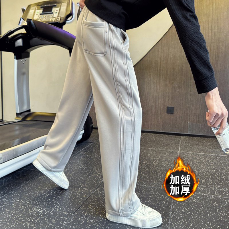 秋冬款潮牌男士加厚加绒裤子简约百搭弯刀直筒卫裤宽松运动休闲裤
