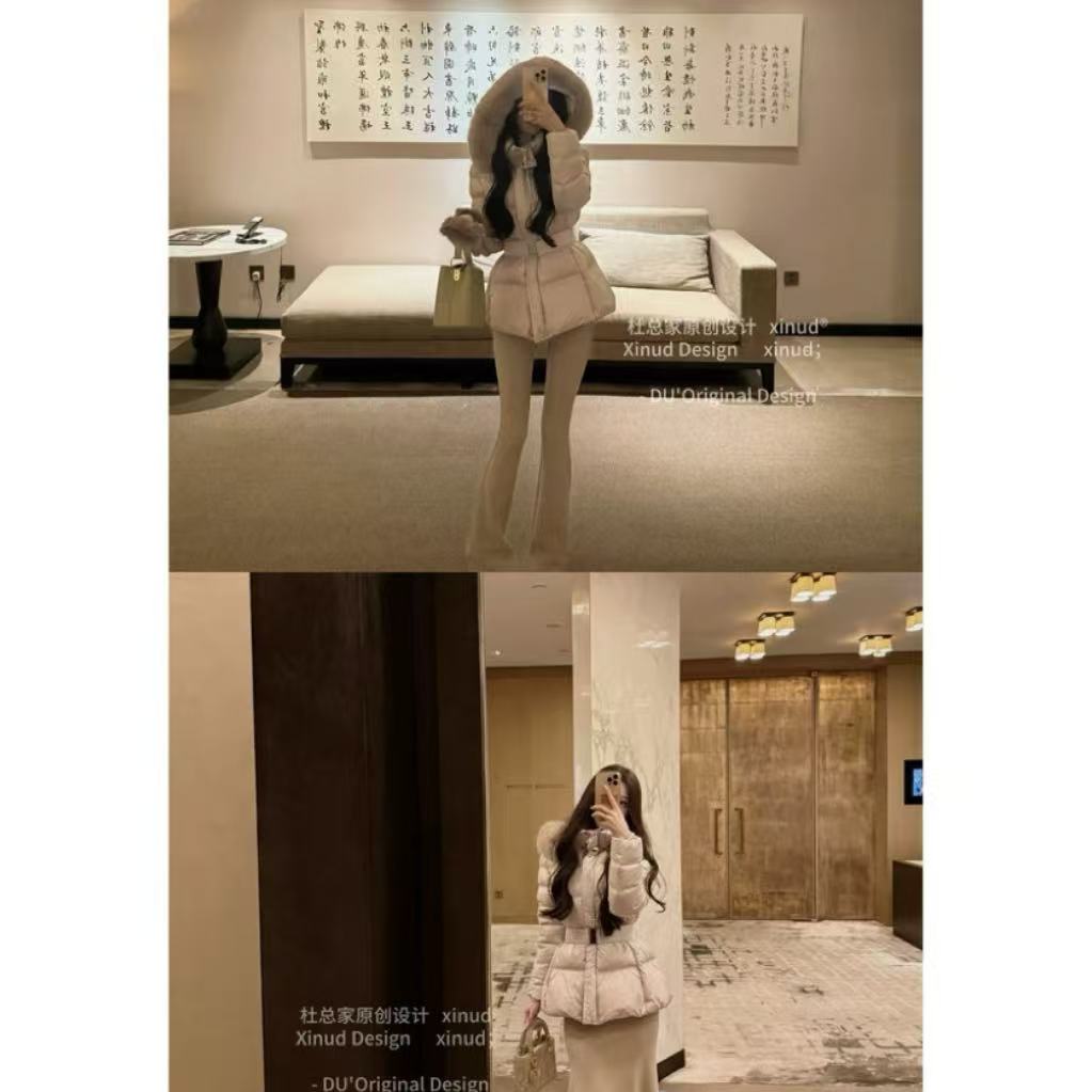 杜总家 韩女沙漏腰羽绒服*韩系温柔风保暖毛领连帽收腰白鸭绒女冬