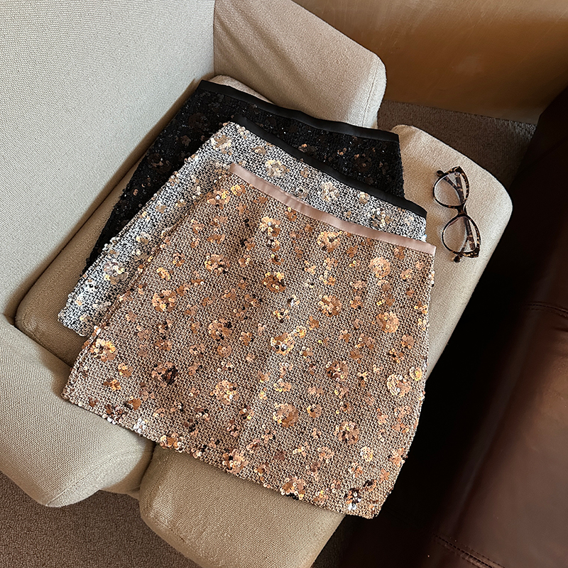 新年红色小香风半身裙秋冬高腰显瘦a字包臀裙重工闪闪亮片短裙子