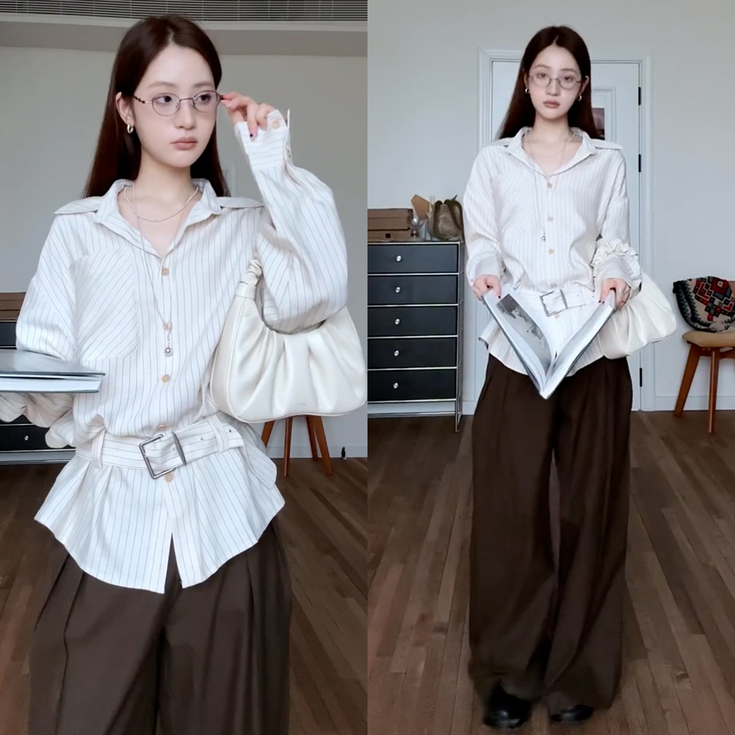 韩系长袖条纹白色衬衫衬衣女早秋2025新款高级感法式收腰上衣外套