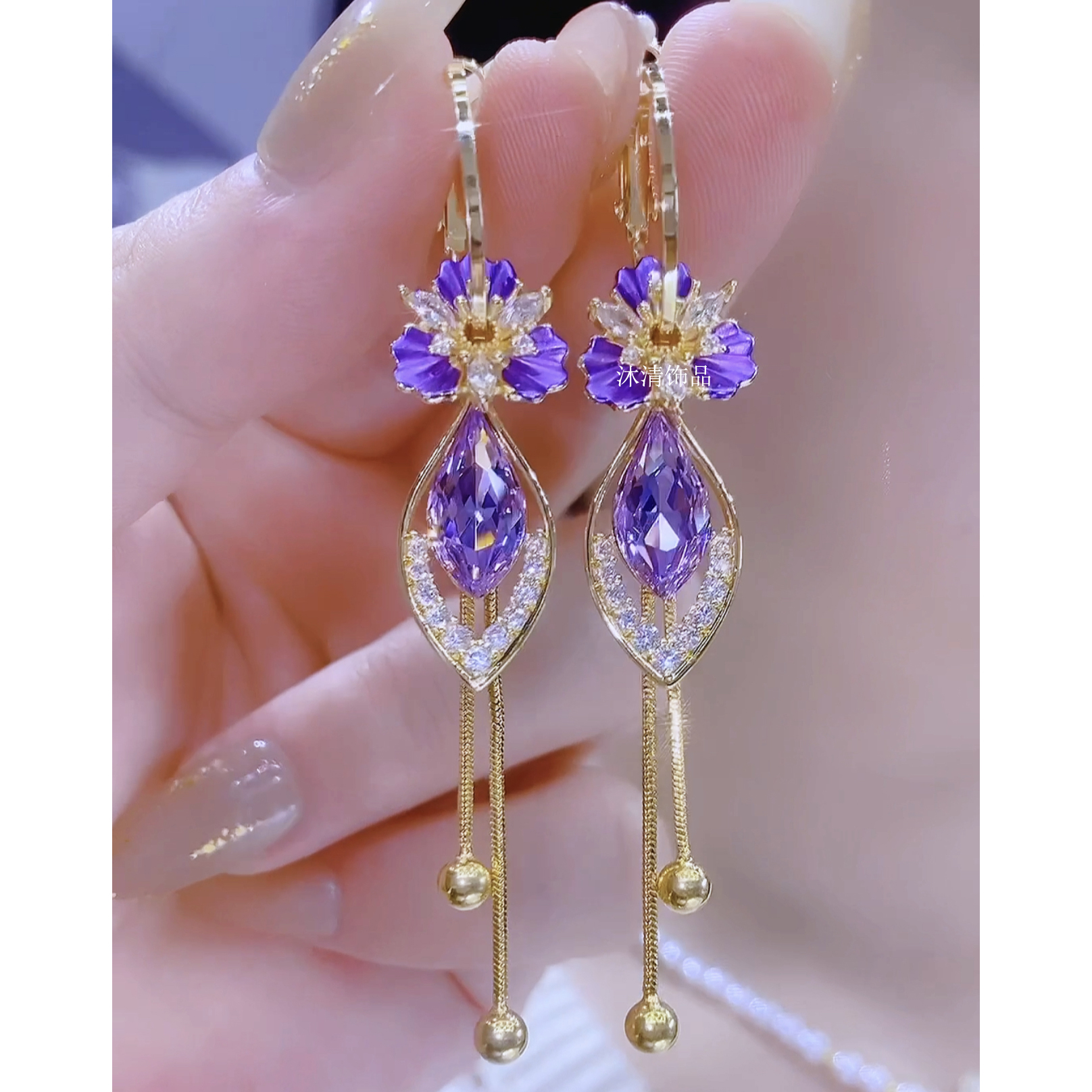 铜合金合成锆石耳饰 时尚精致个性浪漫气质花朵流苏耳环