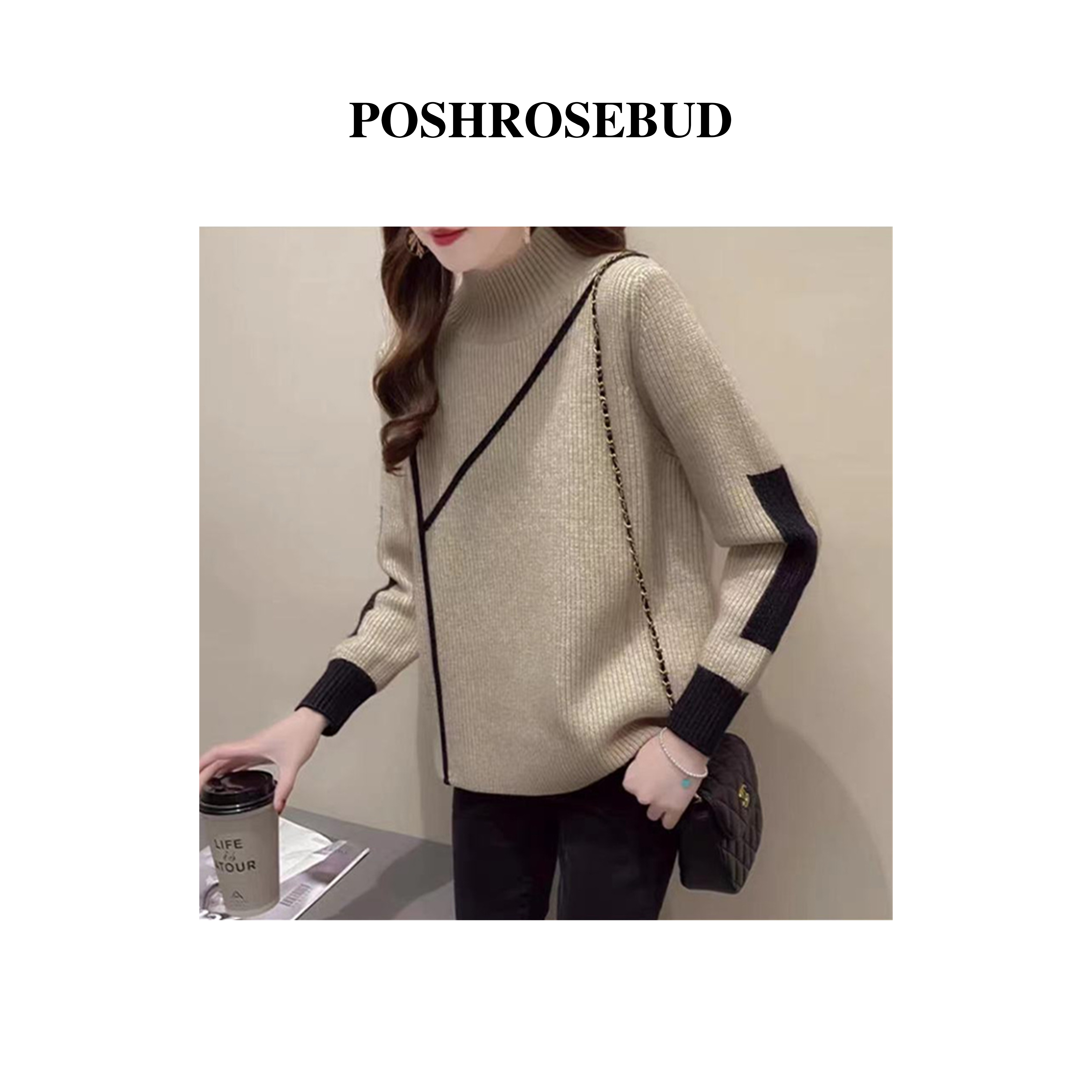 【POSHROSEBUD】5045复古慵懒风加厚圆领毛衣女秋冬新款显瘦针织衫