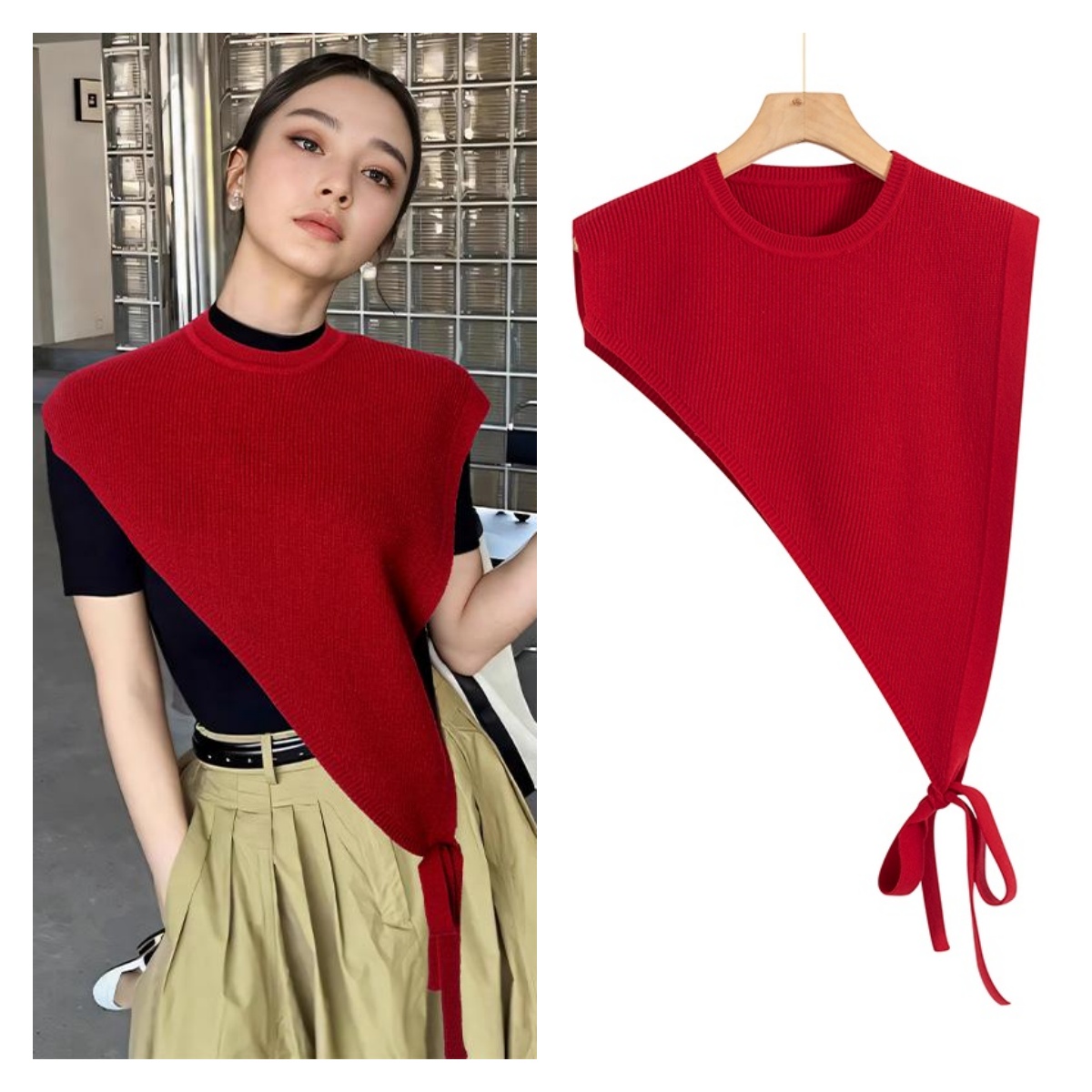 设计感时尚网红开叉针织披肩女秋冬新款三角斜边马甲叠穿洋气百搭