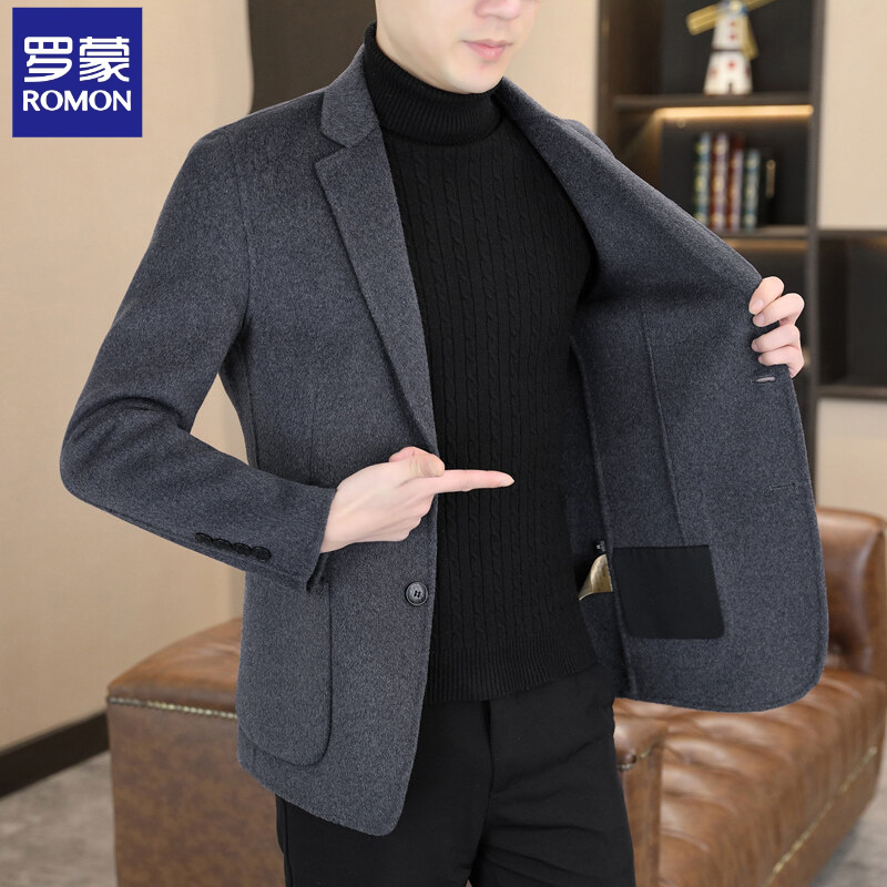 罗蒙高级感羊毛西服男士冬季休闲加厚通勤双面呢外套西装呢子大衣