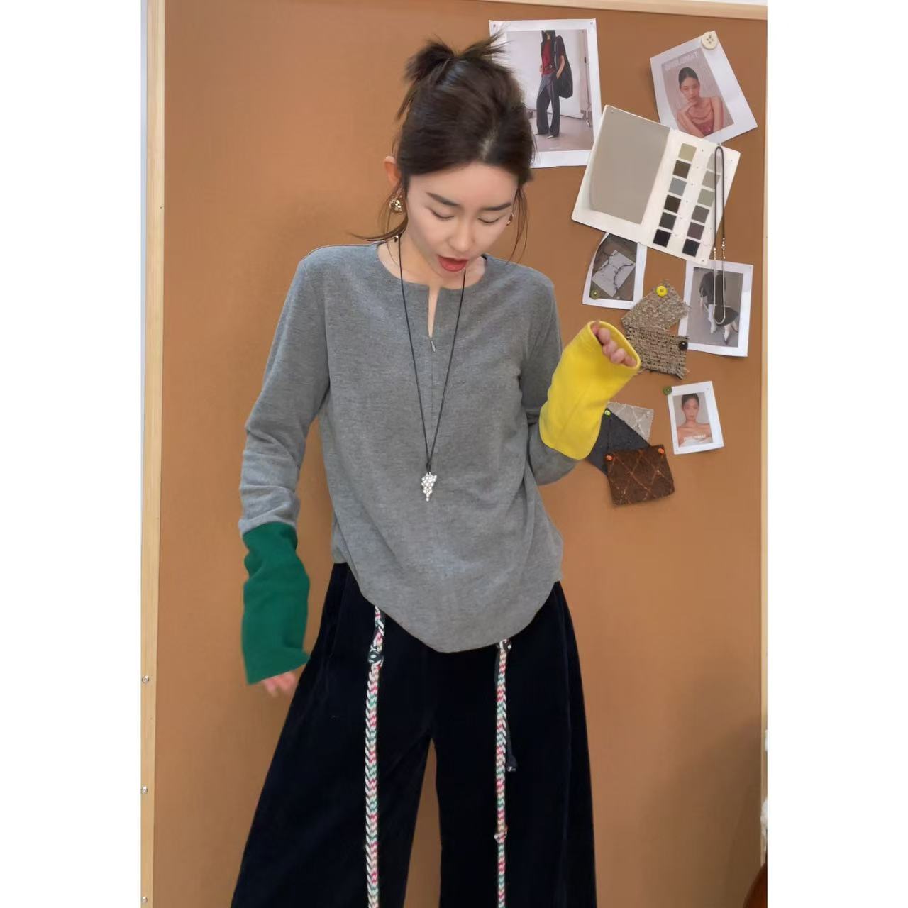 玖了个玖 2025秋季新品极简百搭撞色袖口圆领拉链卫衣 2509C5959